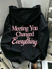 Letter Print Hooded Sweatshirt Casual Long Sleeve Drawstring Pullover Streetwear Daily Sweatshirt Y2K Outfit Casual Style Outfit - Black - View 9