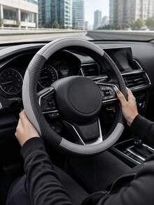 1pc Universal Black & Grey Steering Wheel Cover, Premium Leather Texture Car Interior Accessory, Non-Slip Breathable Grip Protection, Sporty Color Block Design, Comfortable Driving Decor, Suitable For Sedan SUV Truck Daily Commute & Travel - A - View 4