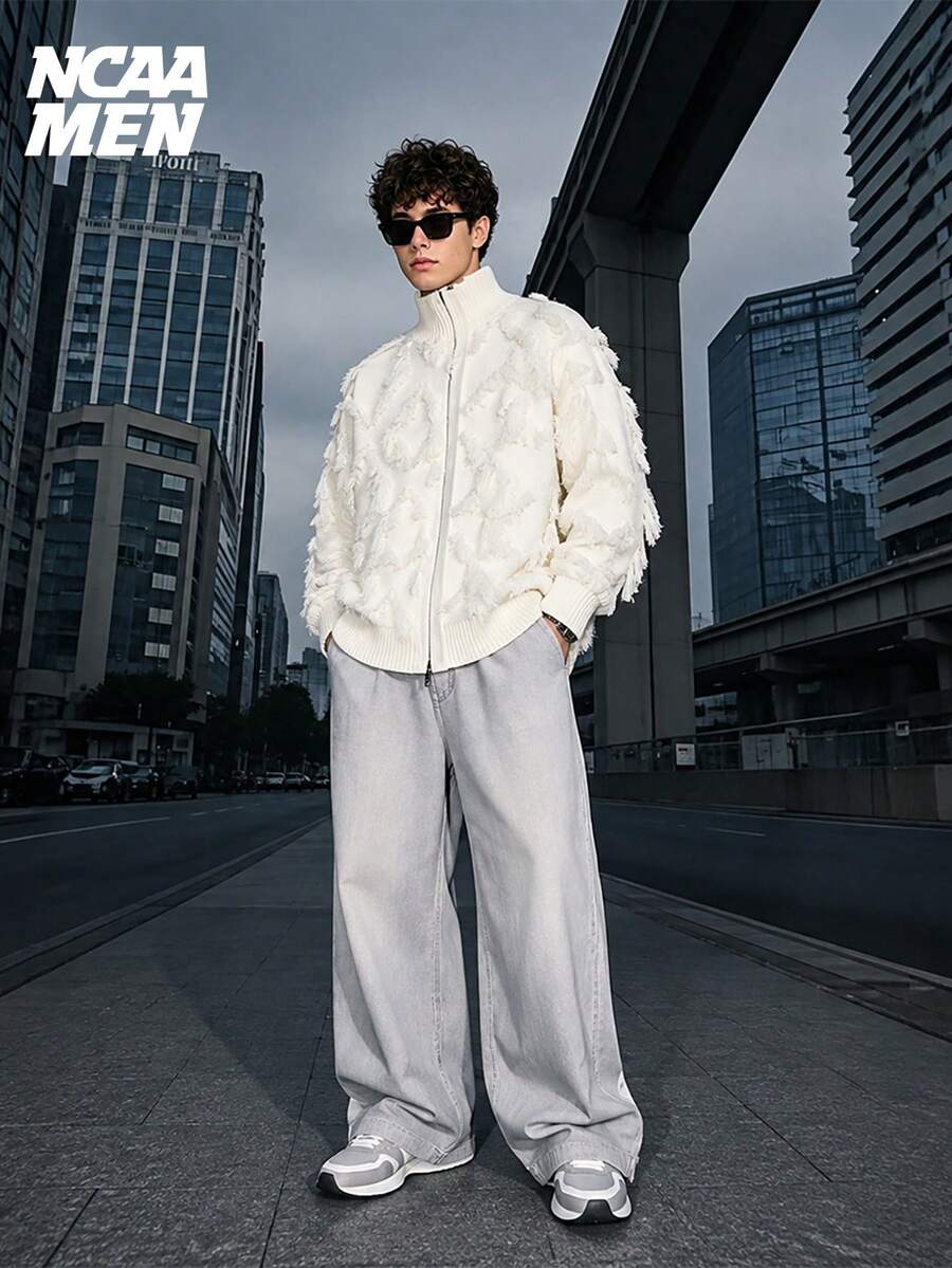 Premium 3D Tassel Knit Cardigan With Diamond Jacquard, High Neck, Double Zipper, Loose Fit, Niche Design Sweater Jacket For Men And Women, Spring/Autumn - White - View 1