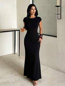 Women's Autumn Solid Color Basic Backless Dress Elegant Dress Party Date - Black - View 2