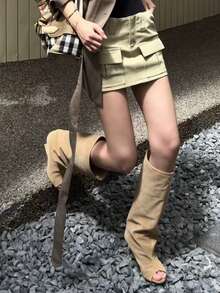 2025 New Kitten Heel Ruched Tall Stacked Boots Pointed Toe Over-The-Knee High Shaft Boots Vintage Wide Barrel Rider Boots - Khaki - View 2
