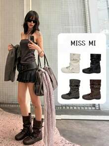 2025 New Kitten Heel Ruched Knee-High Stacked Boots Pointed Toe Over-The-Knee High Shaft Boots Vintage Wide Barrel Knight Boots - Grey - View 2