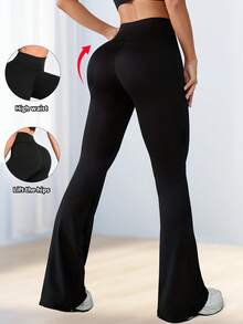 1pc Women's Solid Color Flare Pants, High Elasticity Comfortable Fabric, Anti-Wrinkle, Elastic Slim Fit Sports Style - Black - View 5