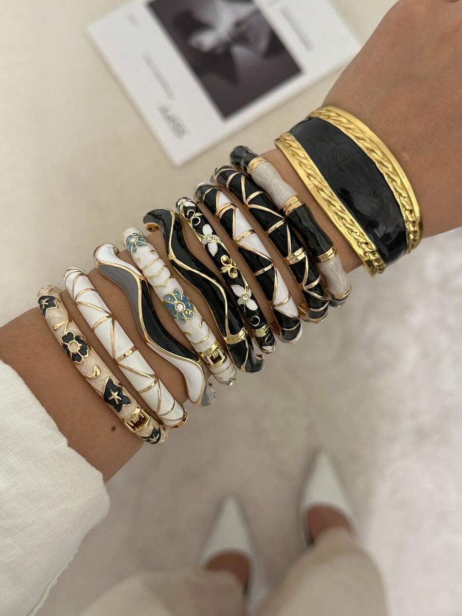 Vintage Black & Gold Enamel Bracelet Set, French Palace Style Drip Oil Open Cuff, Layered Stackable Atmospheric Jewelry - Multicolor - View 1