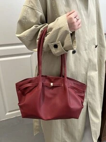 韓系百褶腋下包 新款大容量通勤托特包 獨特Ins風純色女款單肩包 - 紅色 - 查看 3