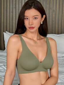 DAZY 女款無線聚攏胸罩 無痕內衣 可拆式墊片 舒適休閒 提拉無縫 V領基礎內衣 - 綠色 - 查看 3