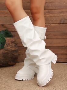 Women's Loose Ruched Stacked Boots With Multiple Buckle Design, Thick Sole Height-Increasing Riding Boots, White Retro Tall Boots - White - View 3