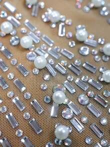 NIKBK Rhinestone Pearl Heart-Neck Lined Mesh Fitted Spaghetti Mini Dress, Wedding Guest Cocktail Evening - Champagne - View 4