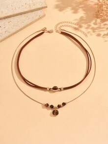 2pcs/Set Vintage Casual Brown Cord Decor Tiger Eye Stone Pendant Necklace Fashion Popular Women's Neck Jewelry Suitable For Daily Wear, Outings, Shopping, Vacation And Travel - Multicolor - View 2