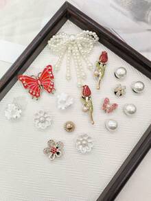 16PCS Bling Rhinestone Red Butterfly Rose Clog Shoe Charms Accessories Faux Pearl Bow Flower Shoe Buckles DIY Decorations Retro Beads Shoe Clips Decor - Multicolor - View 8