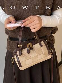 low tea 1pc Contrast Color Fashion Small Bucket PU Fabric Handbag With Adjustable Shoulder Strap, Suitable For Commuting, Shopping, Etc. - Light Khaki - View 6