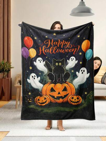 1pc Soft & Comfortable Halloween Blanket, 2D Printed Flannel Throw, Office Nap Blanket, Sofa & Bed Decorative Blanket, Outdoor Camping Leisure Blanket, Gift Blanket For Family & Friends