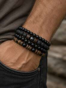 diffone 4 Pcs/Set Handmade Round Beaded Bracelet Antique Stone Set For Men Armband Wristband Jewelry - Men's Beaded Bracelet Set - View 8