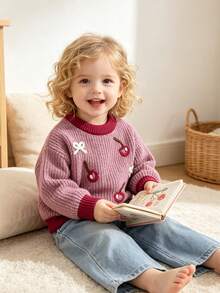 Baby Girl Sweet Cherry Bow Embroidered Sweater, Contrast Color Round Neck Soft Knit Top, Infant Toddler Spring Autumn Winter Versatile Outerwear Inner Layer Base Layer, Daily Wear Knit Sweater - Pink - View 3