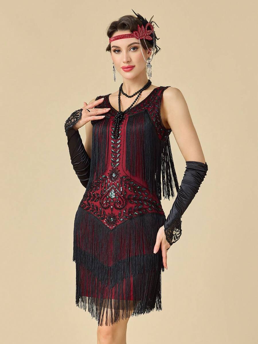 1920年代無袖 Flapper 舞女裙 大圓領《大亨小傳》風格 亮片流蘇 咆哮20年代 雞尾酒洋裝