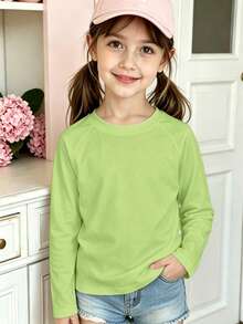 Autumn/Winter Ribbed Pure Cotton Long-Sleeved Top For Girls, Casual, Sporty And Preppy Style - Fruit Green - View 3