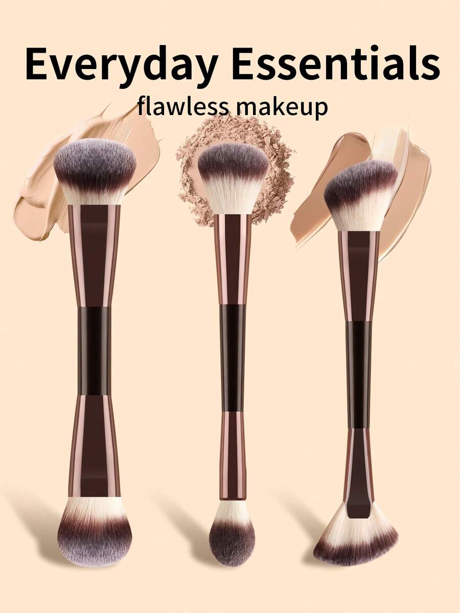 ronshadow 3pcs Dual-Ended Makeup Brushes, Large Round Blush Brush & Fan Contour Brush, Soft Bristles With Good Powder Pickup, Daily Commute Full Face Makeup Tool For Sculpted Contour - Multicolor - View 1