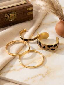 4pcs/Set Faux Leopard Print Bangle Bracelets, Minimalist Women's Stackable Wide Cuff Bracelets, Exaggerated Fashion Niche Design Jewelry Accessories For Party, Gift, Daily Wear - Multicolor - View 4