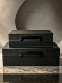 Set Of 2 Large Capacity PU Leather Jewelry Box With Handle, Black Shark Skin Rectangular Jewelry Organizer Vanity Storage Box For Dresser Room Decor Gift - Black - View 8