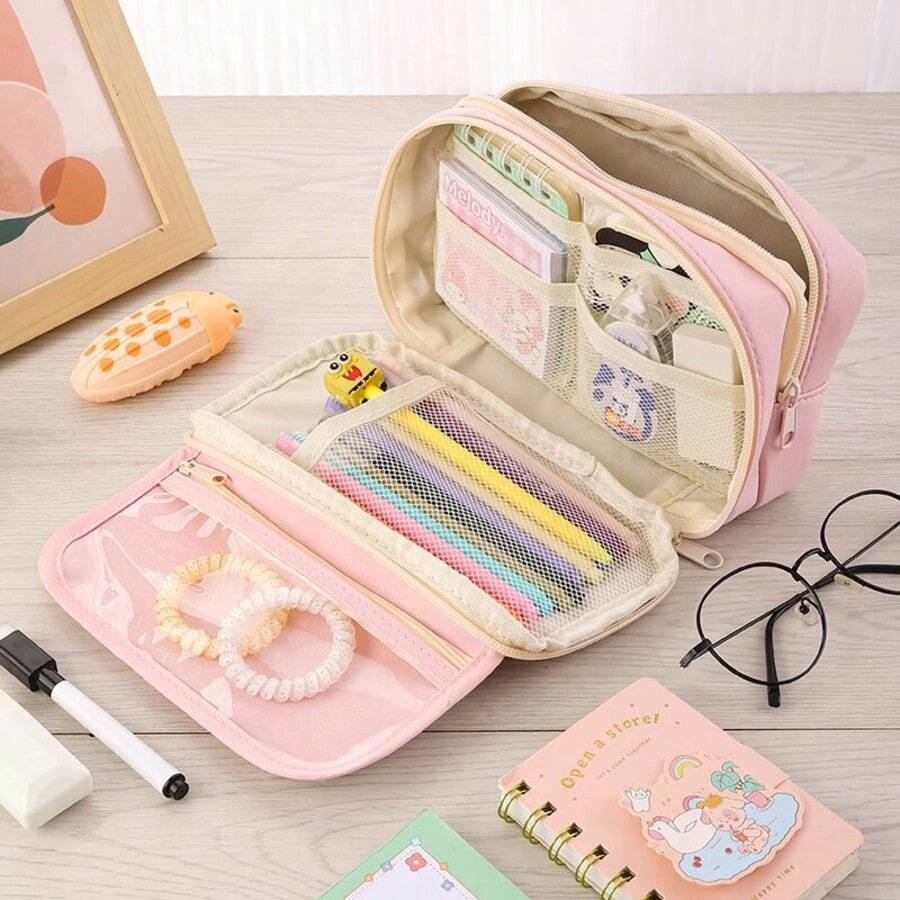 Large Capacity Zipper Pencil Case, Portable Multi-Compartment Pencil Bag, Waterproof Stationery Storage Bag - 1pc Pink - View 1