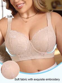 Beige Plus Size Women's Lace Underwire Push-Up Bra, Wide Strap Comfortable, Lift And Push Up, Breathable All Day - Beige - View 4