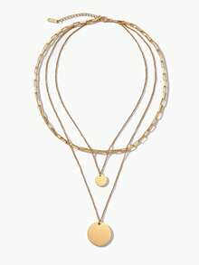 Vandermere 1pc Double Layer Stainless Steel Engraved Round Disc Plated Gold Chain Necklace - Round Plaque Without Words - View 3