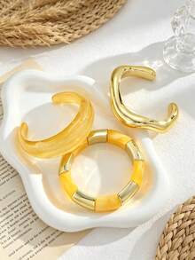 3pcs Vintage Elegant Casual Bohemian Style Women's CCB Plain Round Bangle And Yellow Acrylic Elastic Bracelet For Daily Casual, Party, Spring/Summer Beach Vacation And Travel Wear - Yellow - View 6