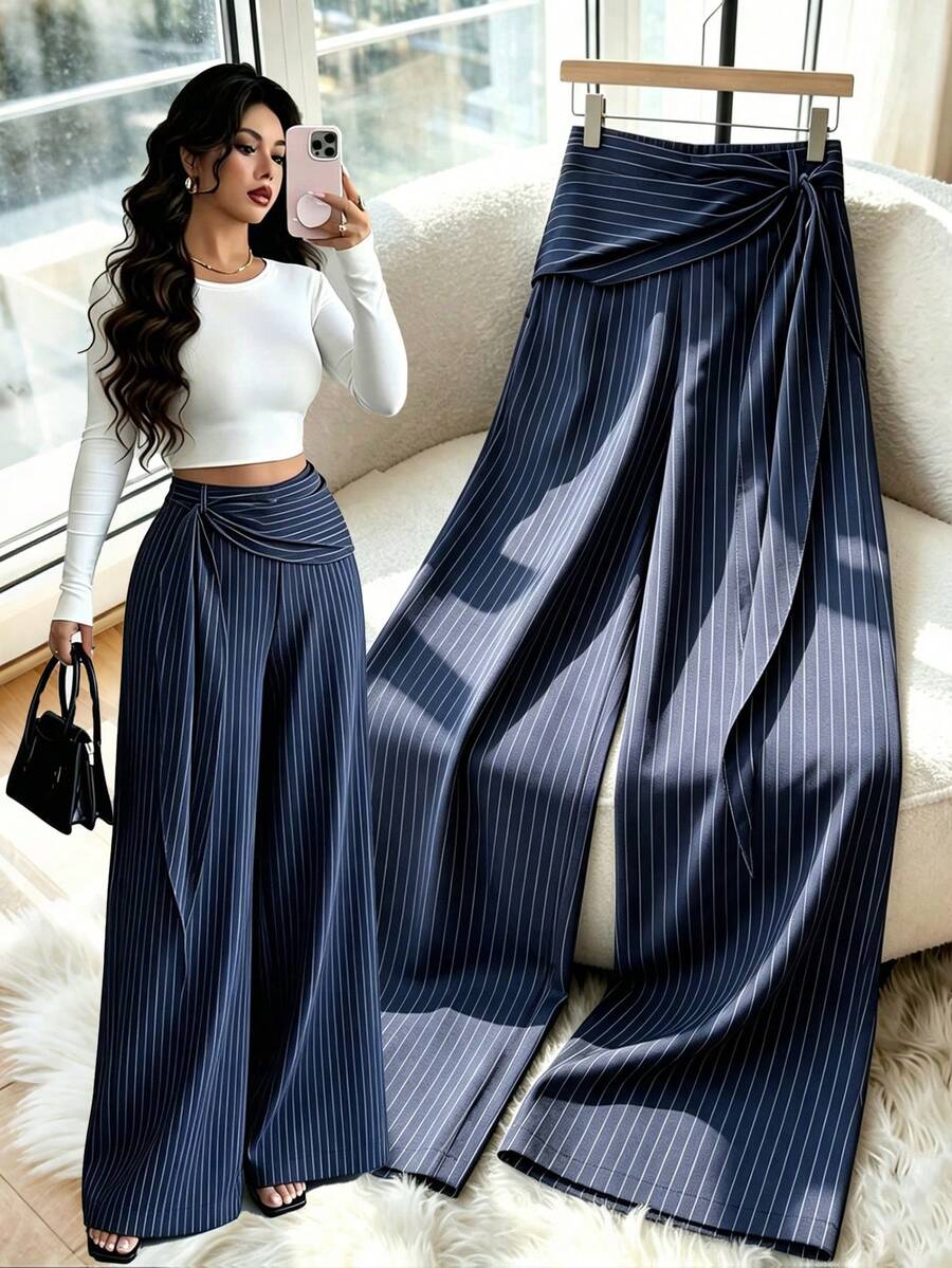 Women's Woven Striped Side Zipper Waist Design Casual Elegant Loose Long Pants, Spring/Autumn - Navy Blue - View 1