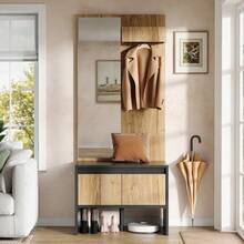 Hall Tree Set With Coat Rack, Hooks, Mirror, Shoe Bench, And 2 Drawers 60*38*145 Cm - Black - View 3