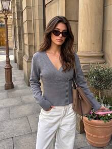 Fashionable Women's V-Neck Side Button Slim Fit Ribbed Sweater, Solid Gray Long Sleeve Knit Top Fall - Grey - View 2