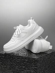 Men's Minimalist White Low-Top Skateboard Shoes, Comfortable Thick Sole Lace-Up Casual Sneakers For Daily Wear, Commuting, Travel, Gathering And Sports - White - View 4