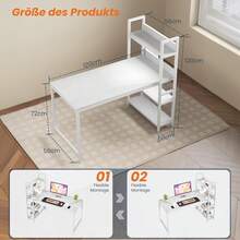 Schreibtisch mit 4-Tier Seitlichem Regal, 120 cm Breiter Computertisch mit Ablage, Stabil Bürotisch mit Metallgestell, Einfache Montage für Home Office - Weiß/120 x 56 x 120 cm - Übersicht 3