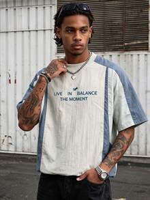 Men's Colorblock Patchwork Loose Drop Shoulder Cut Sporty T-Shirt - Dusty Blue - View 1
