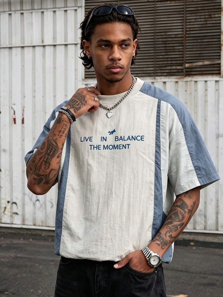 Men's Colorblock Patchwork Loose Drop Shoulder Cut Sporty T-Shirt - Dusty Blue - View 1