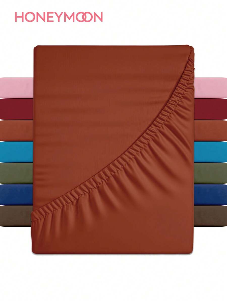 HONEYMOON 1pc Solid Color Soft Fitted Sheet, 100% Polyester Fabric, Lightweight Cloud-Like Touch Bedding Mattress Cover, Elastic Band Around, Suitable For 9-12 Inch Depth Mattress, Soft And Breathable, Machine Washable, Shrink-Resistant, Fade-Resistant, All-Season Use, Different Sizes Suitable For Home And Dorm, Back To School Dorm Essential, Terracotta - Reddish-brown - View 1