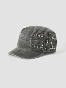 MortiRose Vintage Rivet Washed Flat Top Cap, Niche American Retro Beret Big Head Distressed Look Cap - Baseball Cap - View 9