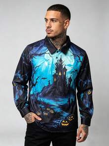 1pc Men's Textured Print Single-Breasted Pullover Long Sleeve Shirt, Handsome Versatile Polo Shirt, Casual Commute Top, Elegant Holiday Party Evening Wear, Perfect Gift For Father, Boyfriend, Dad, Friend, Halloween - Blue - View 2