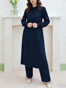Autumn Luxury Deep Blue Ruffle Collar Long Sleeve Abaya Pants Set, Elegant Daily Commute Dress - Navy Blue - View 4