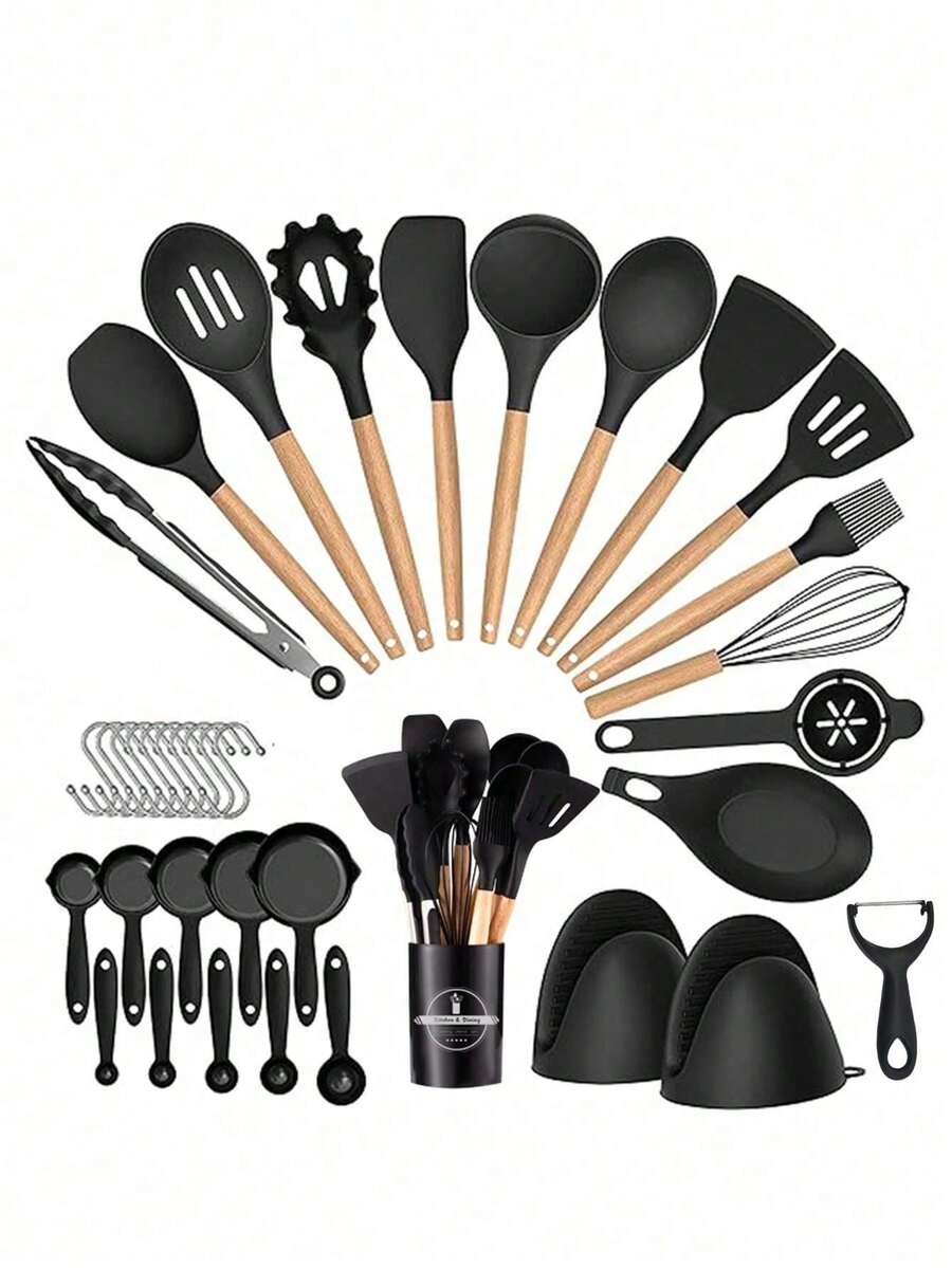 37pcs Set,37pcs Silicone Kitchen Cooking Utensils, Heat-Resistant Cooking Utensils Set Of Wooden Handles, Non-Stick Kitchen Gadgets, Including Scraper Spoons, Kitchen Stuff Kitchen Accessories Home Kitchen Items - Dark Grey - View 1