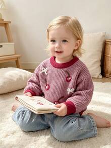 Baby Girl Sweet Cherry Bow Embroidered Sweater, Contrast Color Round Neck Soft Knit Top, Infant Toddler Spring Autumn Winter Versatile Outerwear Inner Layer Base Layer, Daily Wear Knit Sweater - Pink - View 2