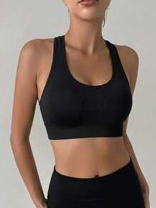 DAZY EMUPER 1pc Seamless Racerback Sports Bra, Hollow-Out Backside Elasticity Solid Color Underwear For Women - Black - View 5