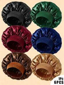 Awegeo 6pcs/1pc Neutral Satin Sleep Bonnet, Loose Elastic Band Soft Sleep Cap, Breathable Hair Protection, Suitable For Curly And Natural Hair - Multicolor - View 1