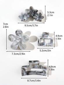 4pcs/Set Spring Summer Bohemian Fresh Minimalist Chinese Style Black & White Ink Wash Marble Pattern Half-Round Plumeria Square Combination Hair Claw Beach Seaside Updo Hair Accessories - 4-piece Set - Black and White - View 3