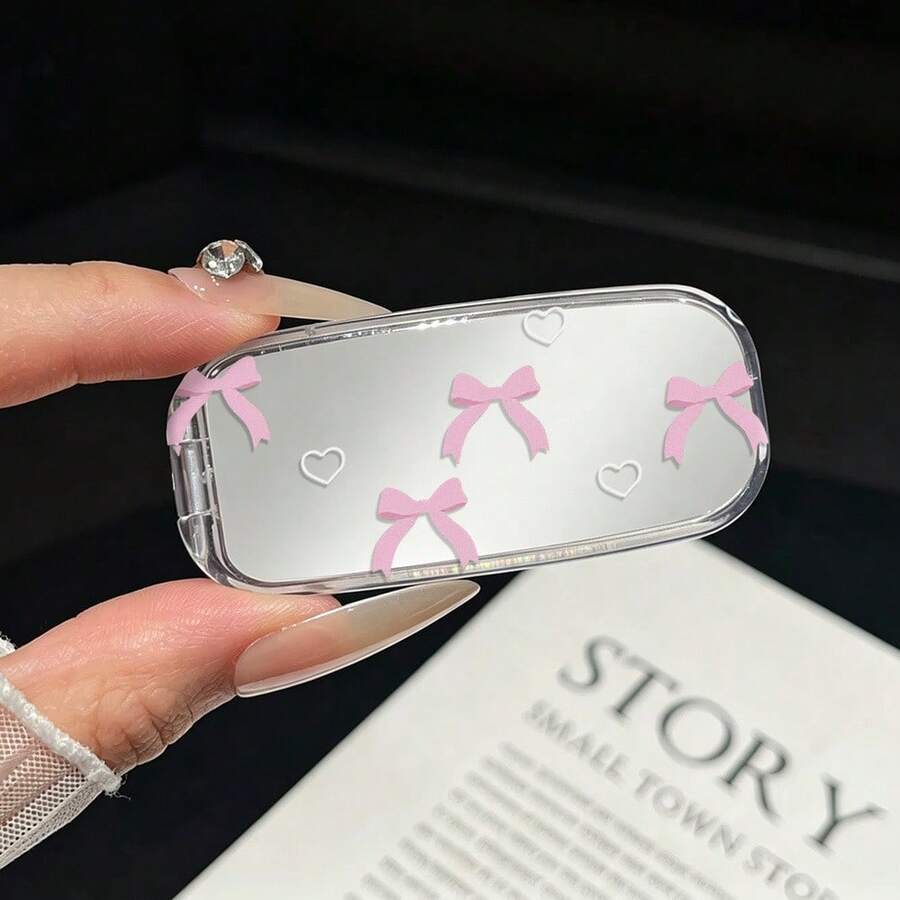 1pc Cartoon Heart Pink Bow Makeup Mirror Phone Stand, Foldable Adhesive Mirror, Minimalist Portable New Style - Multicolor - View 1