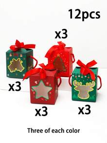 4/8/12pcs Christmas Gift Box With Handle & Ribbon,Xmas Candy Boxes With Window Cutout, Reindeer Tree Star Design, Holiday Party Favor Treat Boxes With Bow - View 9
