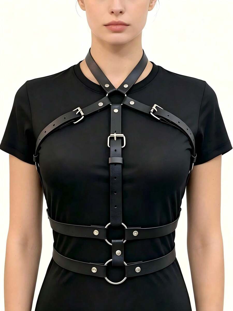 1件装女士黑色吊带性感皮革胸带，朋克风格皮革身体配饰 - 黑色 - 查看 1
