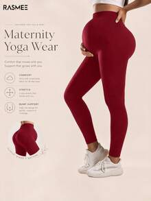 Maternity Seamless Solid Color High Waist Ribbed Waist Yoga Pants Leggings, Basic Slim Fit Sports Long Pants - Burgundy - View 1