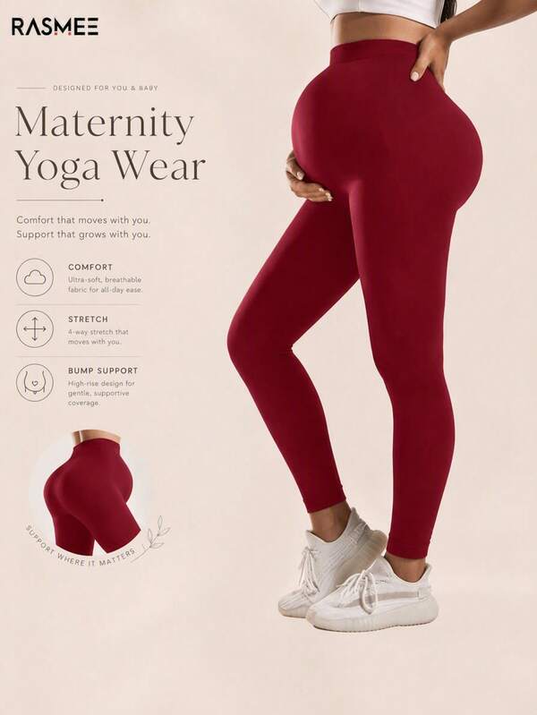 Maternity Seamless Solid Color High Waist Ribbed Waist Yoga Pants Leggings, Basic Slim Fit Sports Long Pants