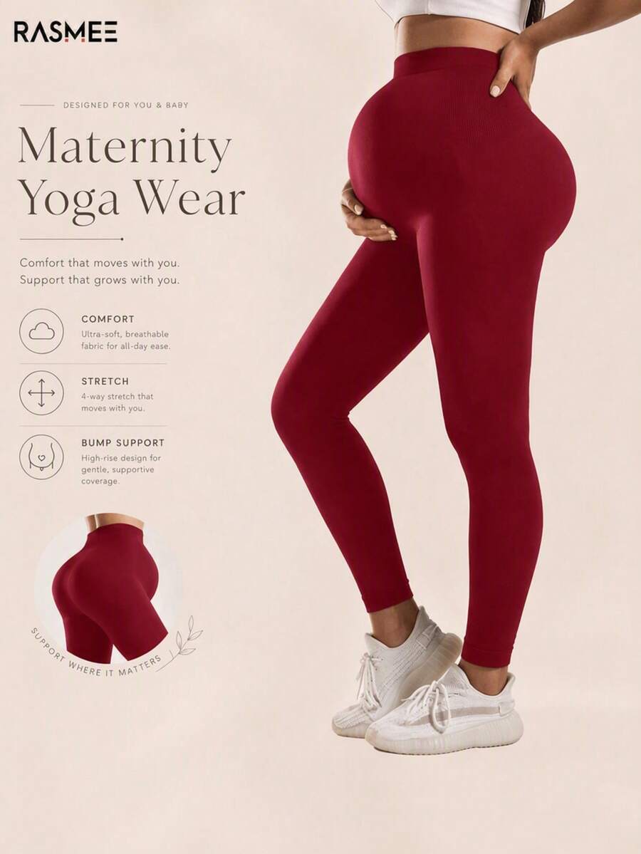 Maternity Seamless Solid Color High Waist Ribbed Waist Yoga Pants Leggings, Basic Slim Fit Sports Long Pants - Burgundy - View 1