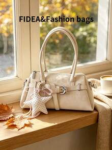 Women's Shoulder Underarm Bag, Solid Color PU Material With Leopard Print Element Design, Metal Shoulder Strap Decoration, Versatile Fashion, Comes With Personalized Star Pendant, Suitable For Travel, Shopping, Dating, Gift-Giving And Other Occasions - Beige - View 11